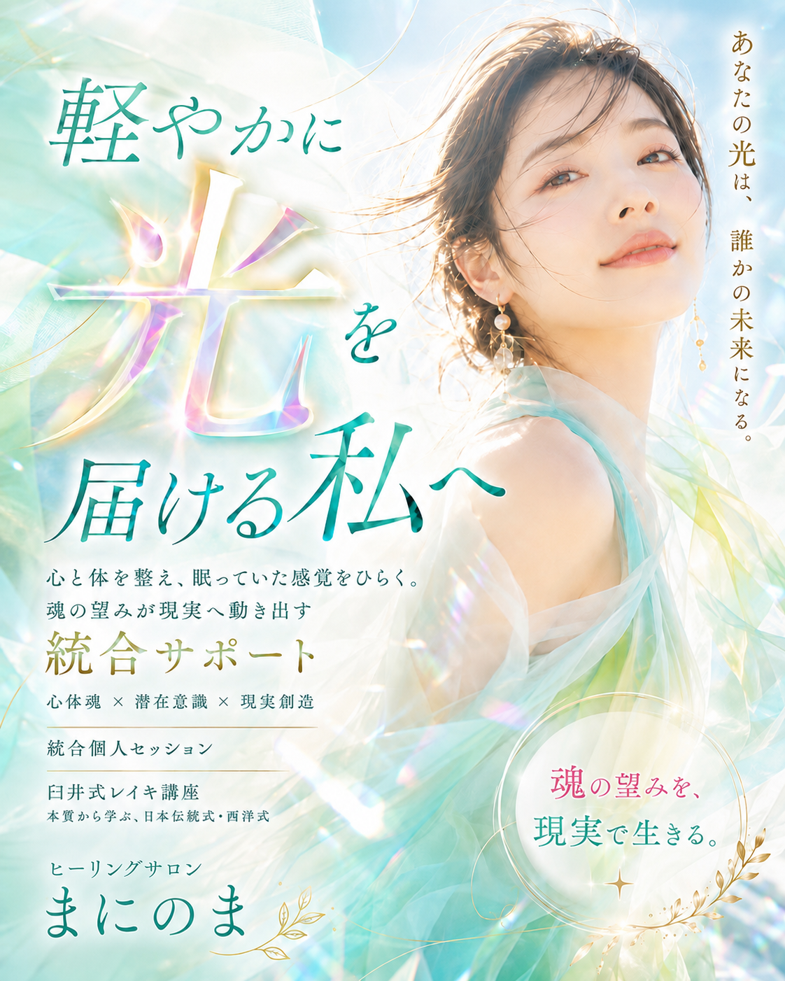 軽やかに、光を届ける私へ。心と体を整え、眠っていた感覚をひらく。魂の望みが現実へ動き出す統合サポート｜ヒーリングサロン まにのま